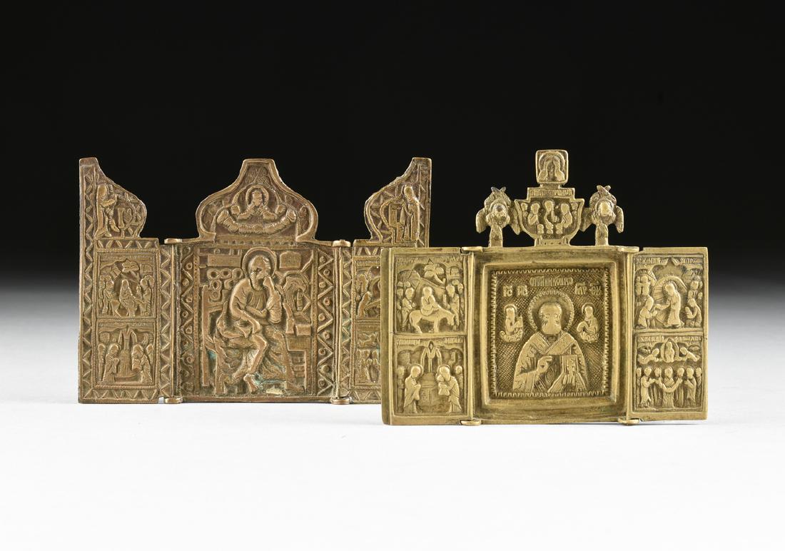 TWO RUSSIAN ORTHODOX CAST BRONZE TRAVELING TRIPTYCH (1 of 12)