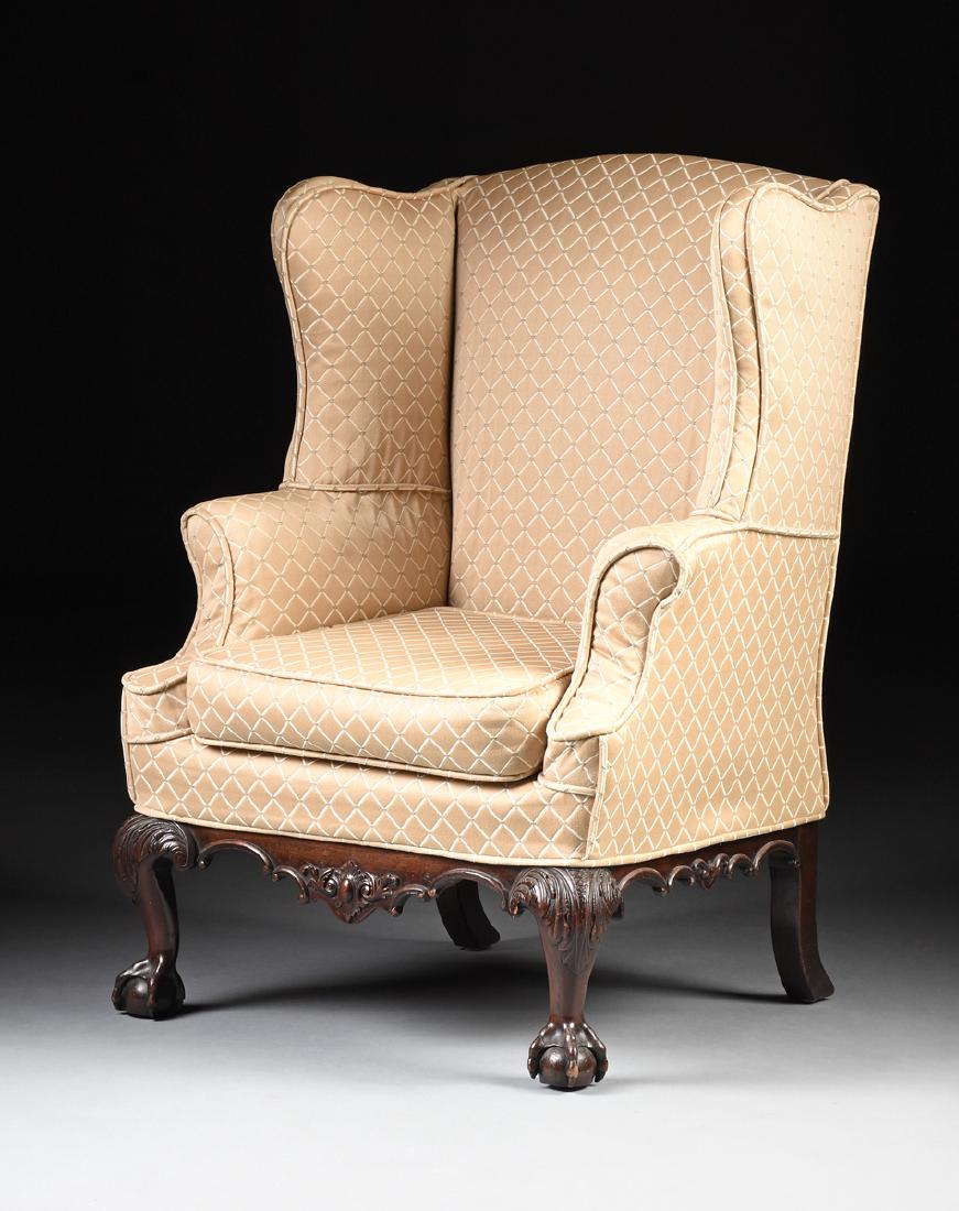 A GEORGE III MAHOGANY UPHOLSTERED WING BACK ARMCHAIR, (1 of 8)