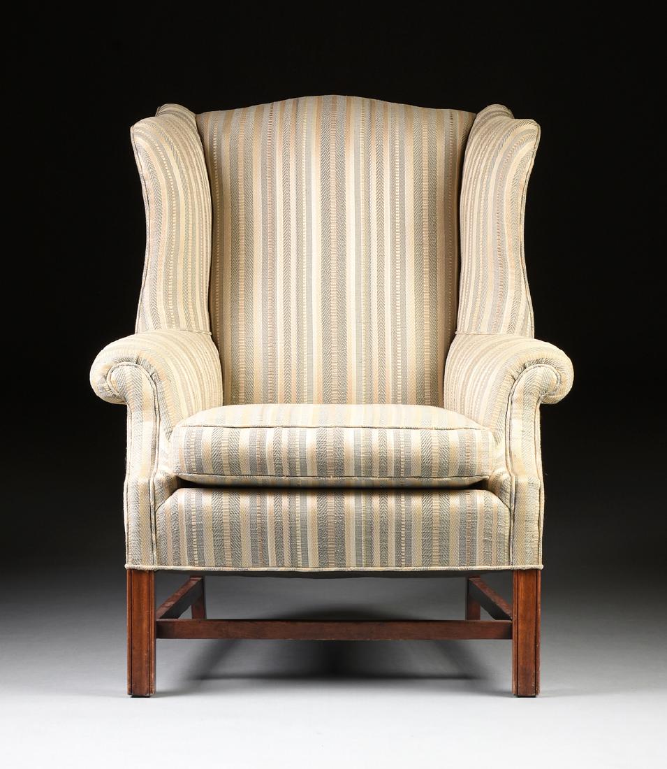 AN AMERICAN UPHOLSTERED MAHOGANY WING BACK ARMCHAIR, (1 of 6)