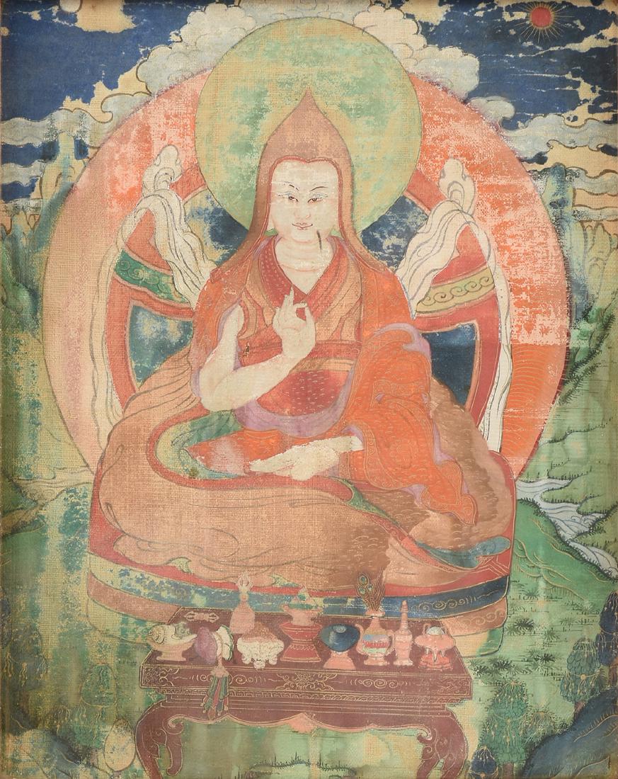 AN ANTIQUE TIBETAN POLYCHROME PAINTED THANGKA, (1 of 10)