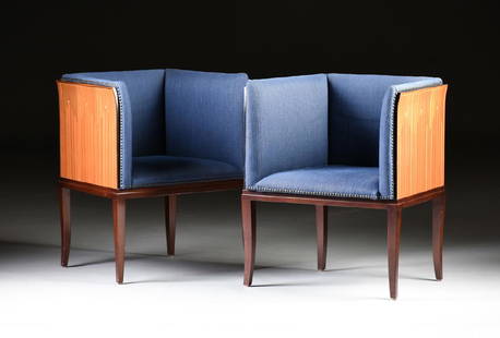 ELIEL SAARINEN (Finnish/American 1873-1950) A PAIR OF: ELIEL SAARINEN (Finnish/American 1873-1950) A PAIR OF UPHOLSTERED WOOD VENEER ARM CHAIRS FOR SAARINEN HOUSE, DESIGNED 1929-1930, PRODUCED FOR ARKITEKTURA, BIRMINGHAM, MICHIGAN, CIRCA 1990, of gently