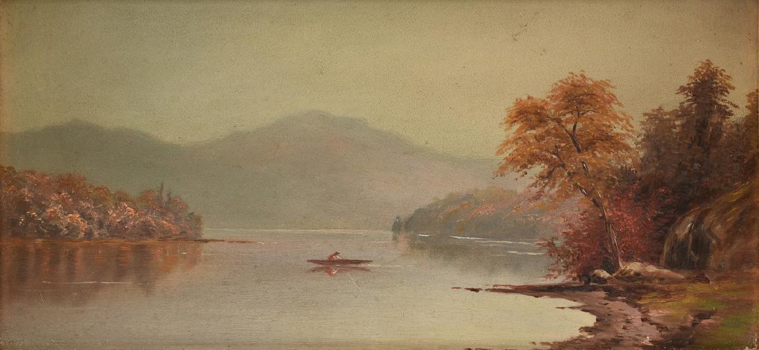 HUDSON RIVER SCHOOL (American 19th Century) A PAINTING,: HUDSON RIVER SCHOOL (American 19th Century) A PAINTING, "Hazy Morning on the Lake," oil on panel. 5" x 12" Provenance: Estate of the late Charles A. and Betti F. Saunders, Houston, Texas.