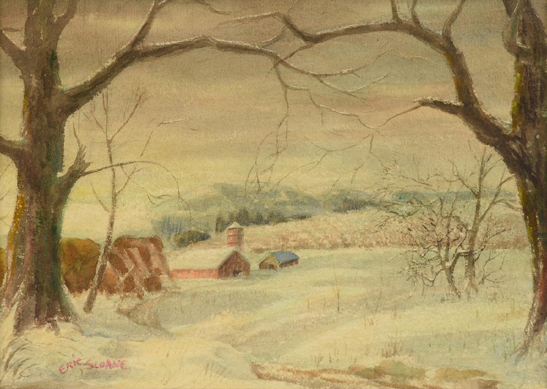 ERIC SLOANE (American 1905-1985) A PAINTING, "Farm in: ERIC SLOANE (American 1905-1985) A PAINTING, "Farm in Winter," watercolor on paper, signed L/L. 9 1/2" x 13 1/4"