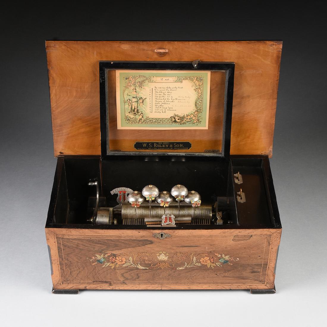 A SWISS TWELVE AIR FIVE BELL CYLINDRICAL MAHOGANY, (1 of 9)