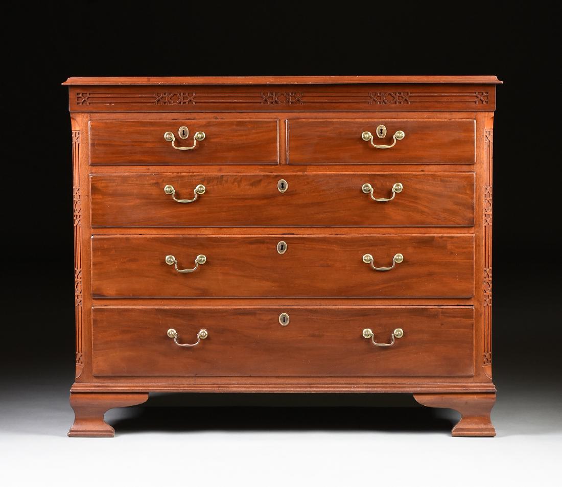 A GEORGE III MAHOGANY CHIPPENDALE CHEST OF DRAWERS, (1 of 8)