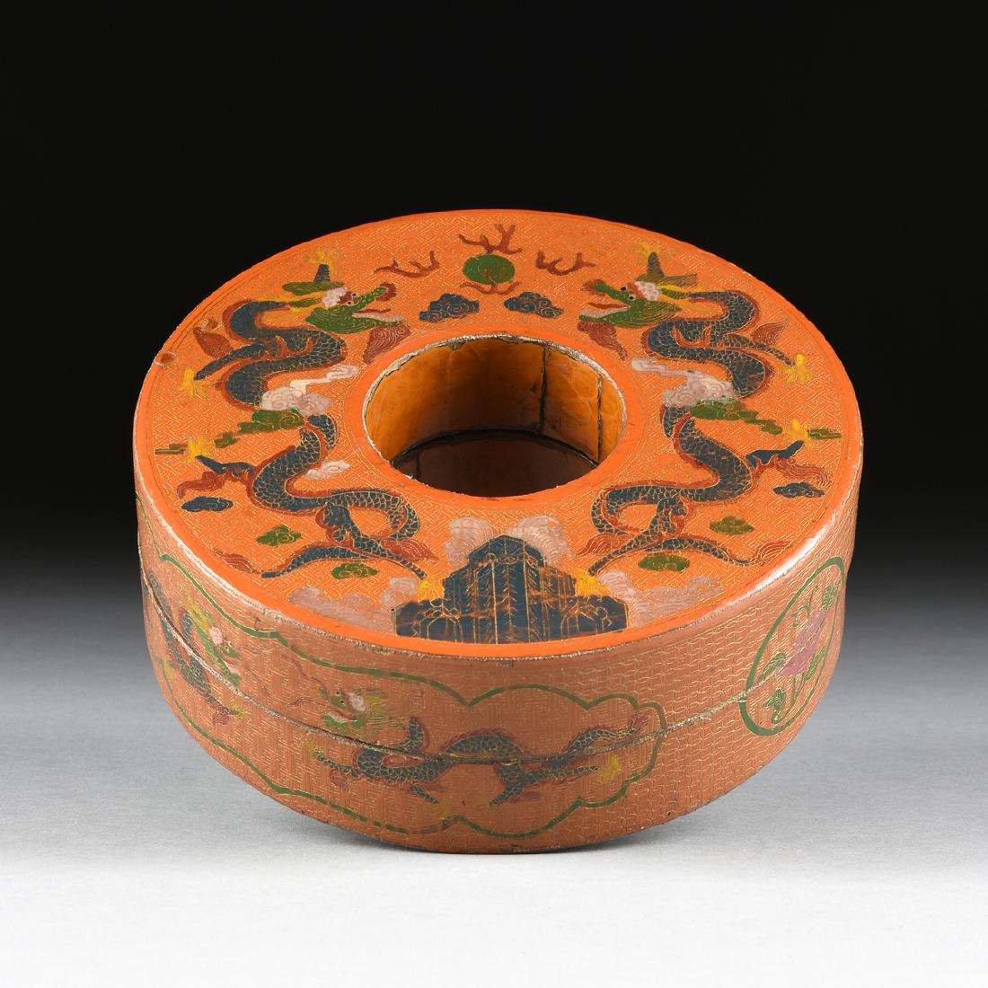 A CHINESE COIN FORM COVERED LACQUERED WOOD BOX, EARLY (1 of 9)