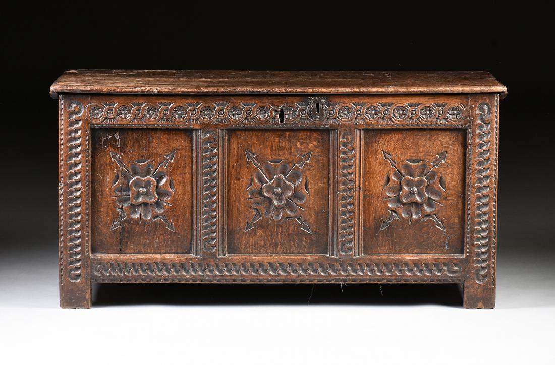 AN ENGLISH WILLIAM AND MARY CARVED OAK COFFER, CIRCA (1 of 12)