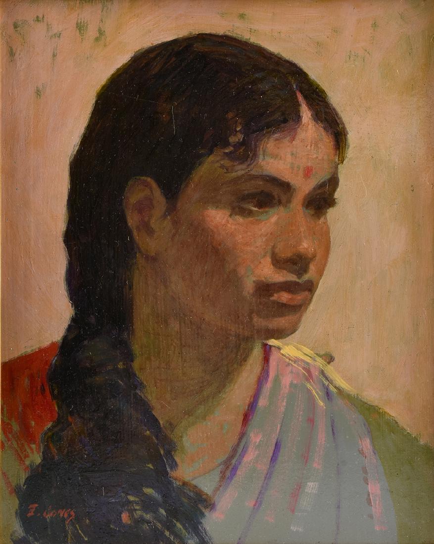 EARL JONES (American b. 1937) A PAINTING, "Portrait of: EARL JONES (American b. 1937) A PAINTING, "Portrait of a Young Girl," oil on panel, signed L/L. 9.5" x 8" Provenance: Estate of the late Charles A. and Betti F. Saunders, Houston, Texas.