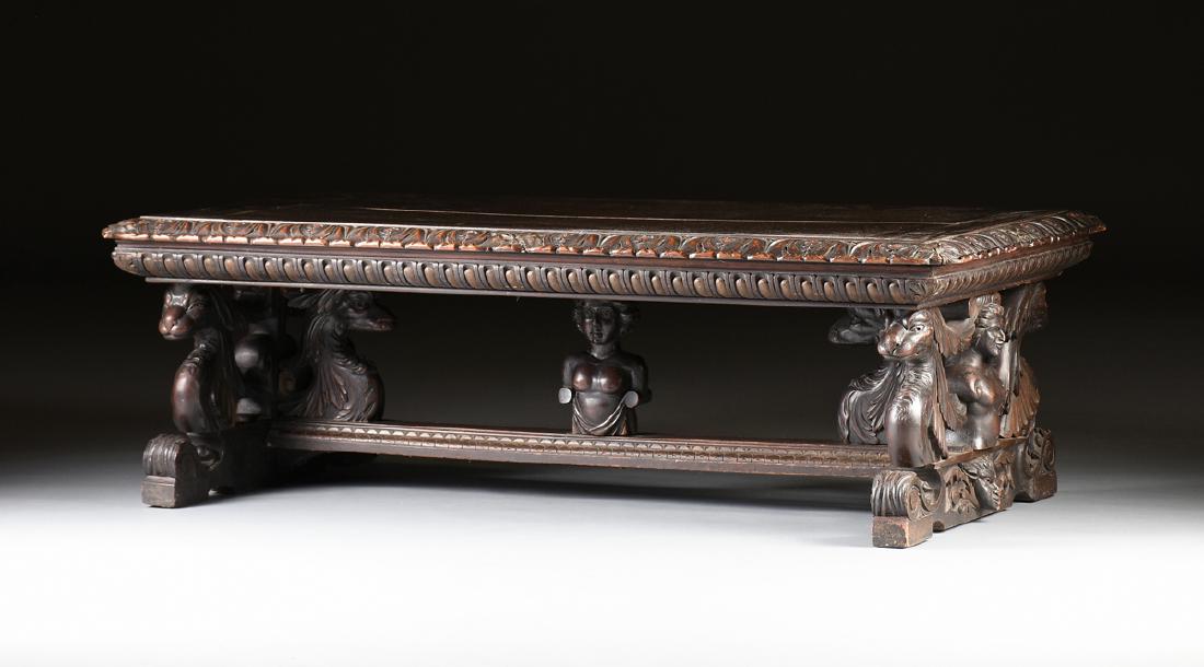 A FRENCH HENRI II STYLE CARVED WALNUT COFFEE TABLE, (1 of 10)