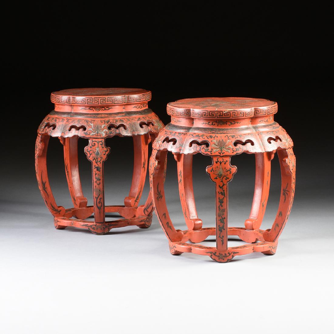A PAIR OF CHINESE RED LACQUERED WOOD GARDEN SEATS, MID: A PAIR OF CHINESE RED LACQUERED WOOD GARDEN SEATS, MID TO LATE 20TH CENTURY, of lobed pentagonal form, the red lacquered tops with black enameled diaper pattern and banding, decorated with scroll, flo