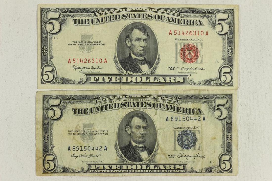 1953 $5 SILVER CERTIFICATE & 1963 $5 US NOTE (1 of 2)