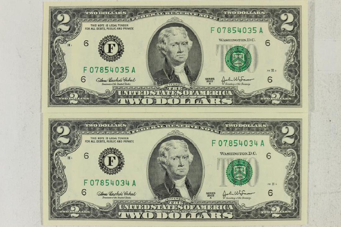2-2003-A $2 FRN'S CRISP UNC CONSECUTIVE SERIAL #'S (1 of 2)