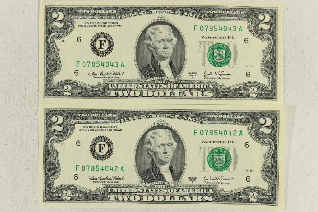 2-2003-A $2 FRN'S CRISP UNC CONSECUTIVE SERIAL #'S (1 of 2)
