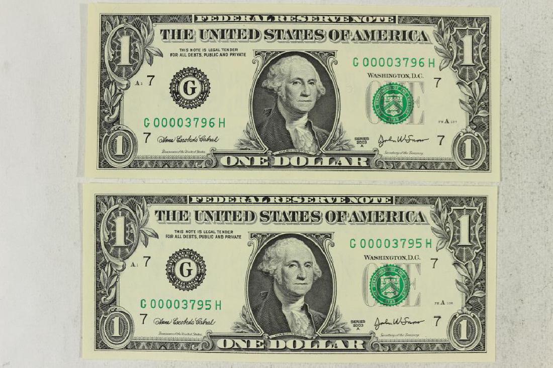 2-2003-A $1 FRN'S LOW CONSECUTIVE SERIAL 'S UNC: SERIAL NUMBERS ARE:G00003795H-G00003796H
