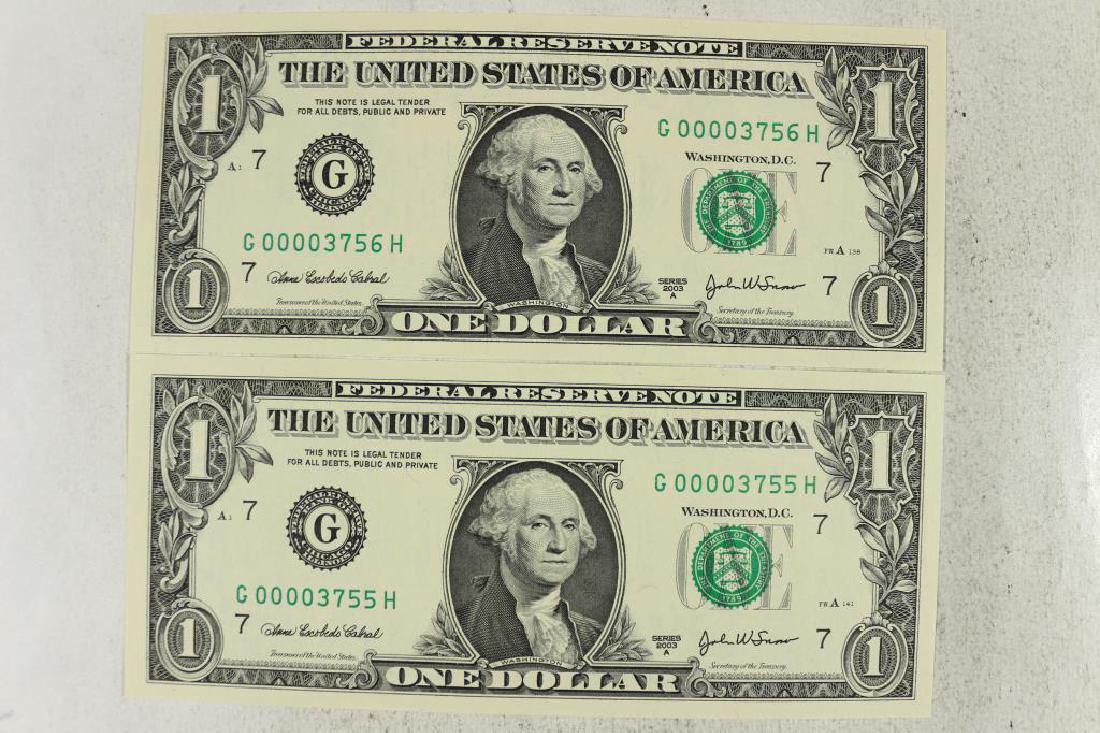 2-2003-A $1 FRN'S LOW CONSECUTIVE SERIAL 'S UNC: SERIAL NUMBERS ARE:G00003755H-G00003756H