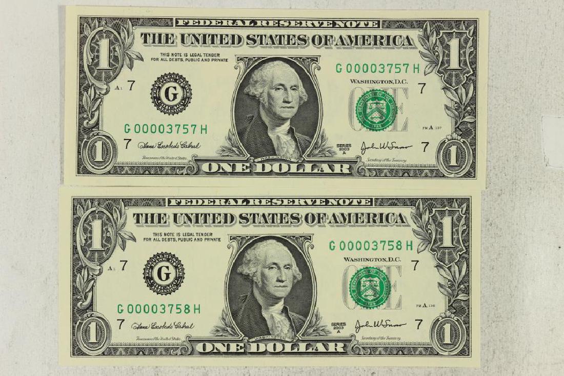 2-2003-A $1 FRN'S LOW CONSECUTIVE SERIAL 'S UNC: SERIAL NUMBERS ARE:G00003757H-G00003758H