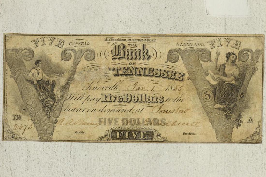 1855 BANK OF TENNESSEE $5 OBSOLETE BANK NOTE: HAND SIGNED AND NUMBERED