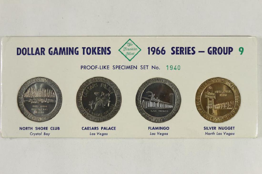 4-DOLLAR GAMING TOKENS 1966 SERIES (PF LIKE): SPECIMEN SET BY THE FRANKLIN MINT, NORTH SHORE CLUB (CYRSTAL BAY), CAESARS PALACE (LAS VEGAS, NEVADA), FLAMINGO (LAS VEGAS, NEVADA) AND SILVER NUGGET (NORTH LAS VEGAS, NEVADA), ORIGINAL MINT PACKAGING