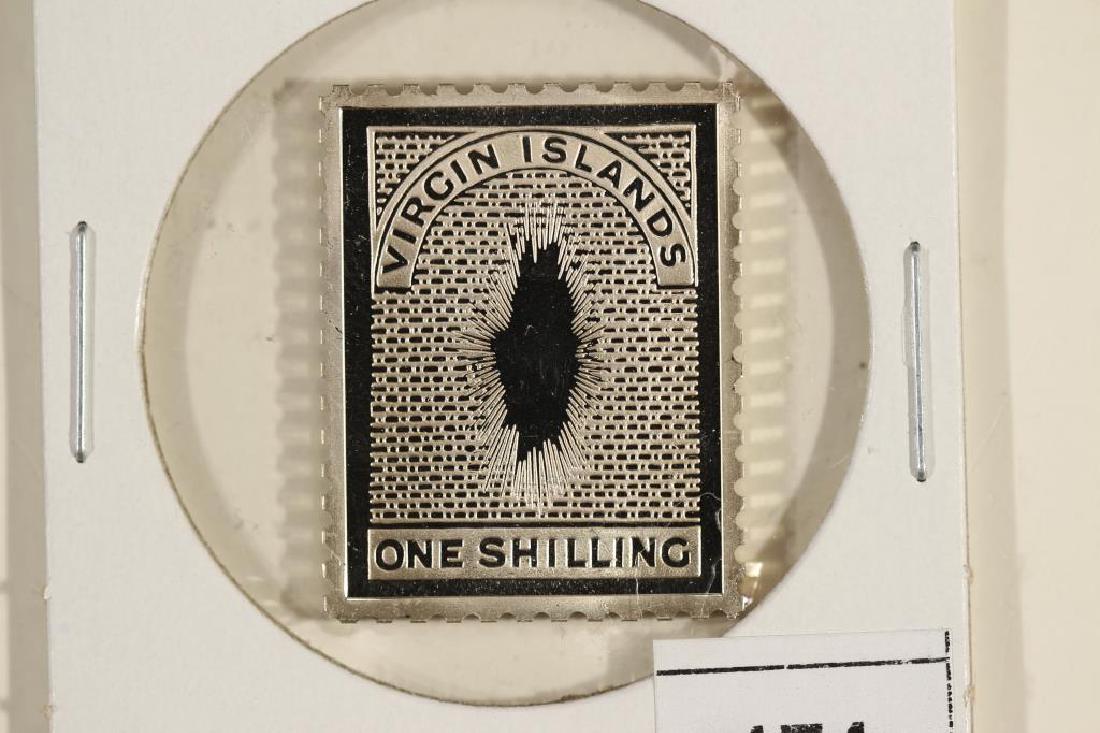 10.3 GRAM STERLING SILVER INGOT COPY OF 1867: VIRGIN ISLANDS 1 SHILLING-ROSE AND BLACK "MISSING VIRGIN"