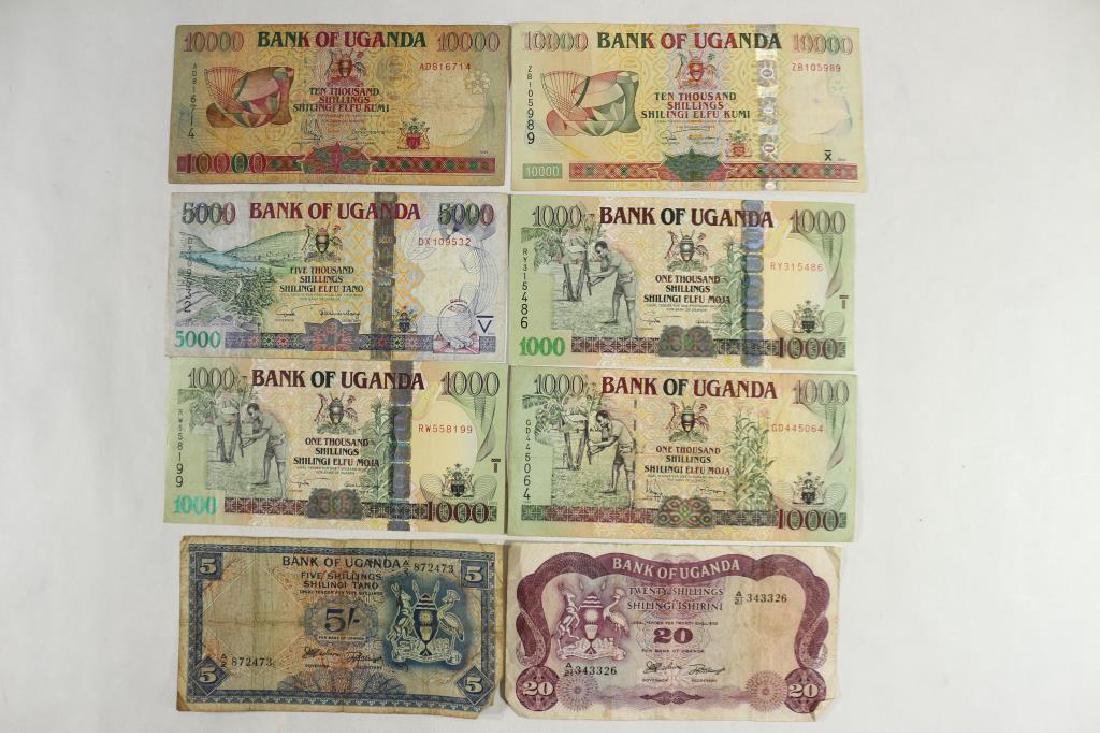 8 ASSORTED BANK OF UGANDA BANK NOTES SEE DESCRIPT.: 5, 20, 3-1000, 5000 AND 2-10000 SHILLINGS.