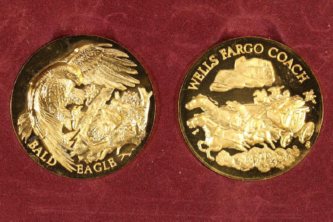 2-24KT GOLD PLATED STERLING SILVER MEDALS BALD: EAGLE AND WELLS FARGO COACH. 2.52 TROY OZ. TOTAL MINTED BY THE WITTNAUER PRECIOUS METALS GUILD. ORIGINAL PACKAGING