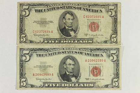 1953-C & 1963 $5 US NOTES RED SEALS: You must call us at 1-763-862-8302 or email us at bidalotauction@aol.com with your credit card number directly. Thanks.