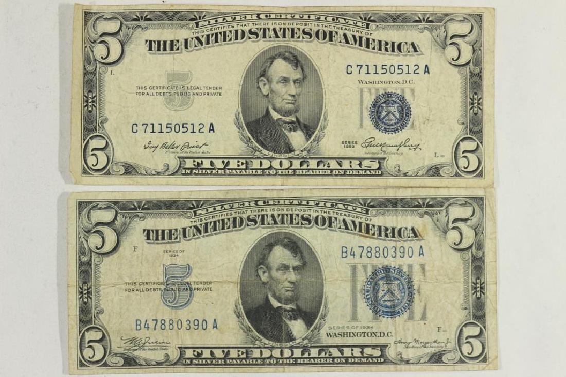 1934 & 1953 $5 SILVER CERTIFICATES BLUE SEALS (1 of 2)