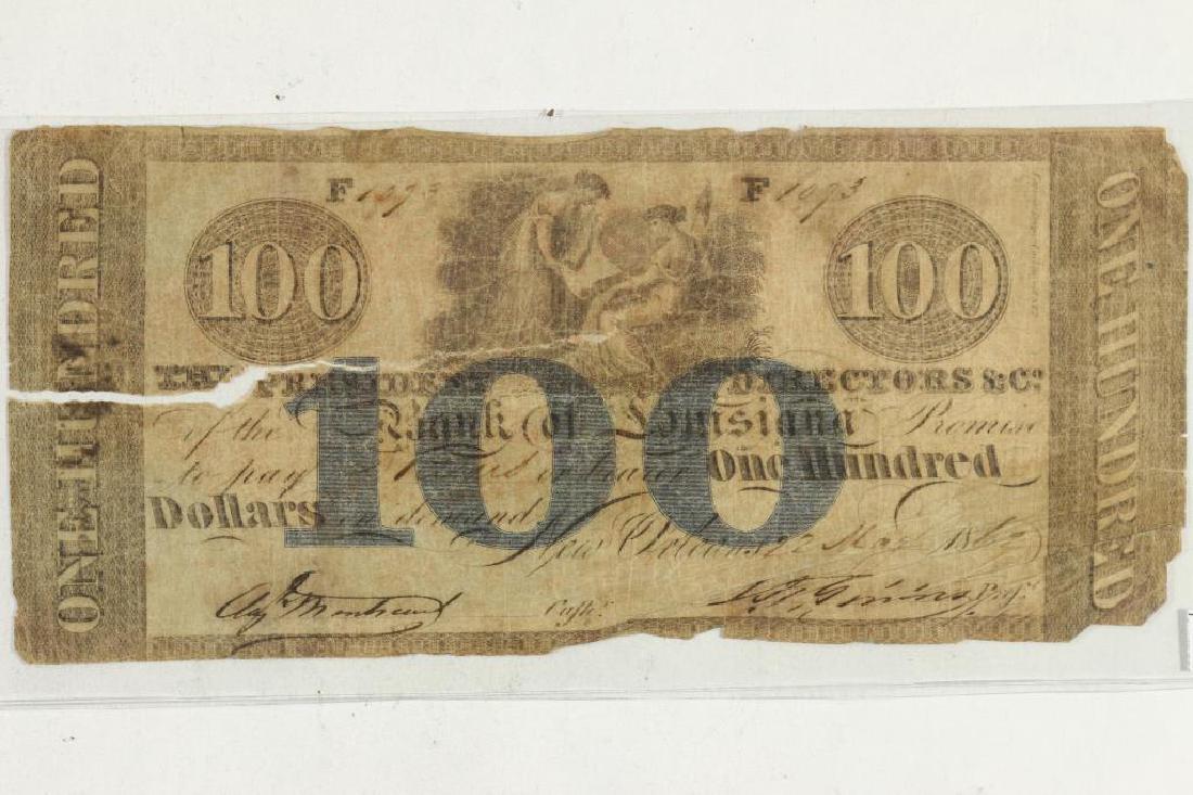 1862-$100 BANK OF LOUISIANA OBSOLETE BANK NOTE: HAND SIGNED AND NUMBERED, LARGE RIP