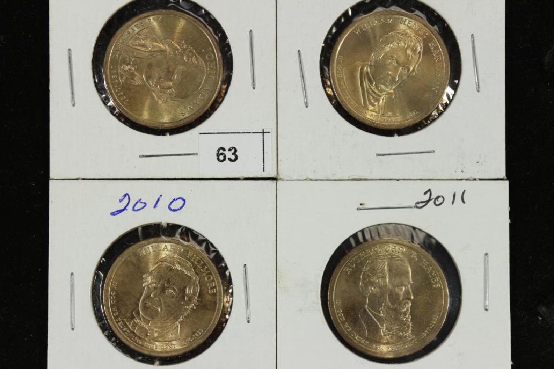 2007 JOHN ADAMS, 2009 WILLIAM HARRISON, 2010: FILLMORE AND 2011 HAYES PRESIDENTIAL DOLLARS UNC