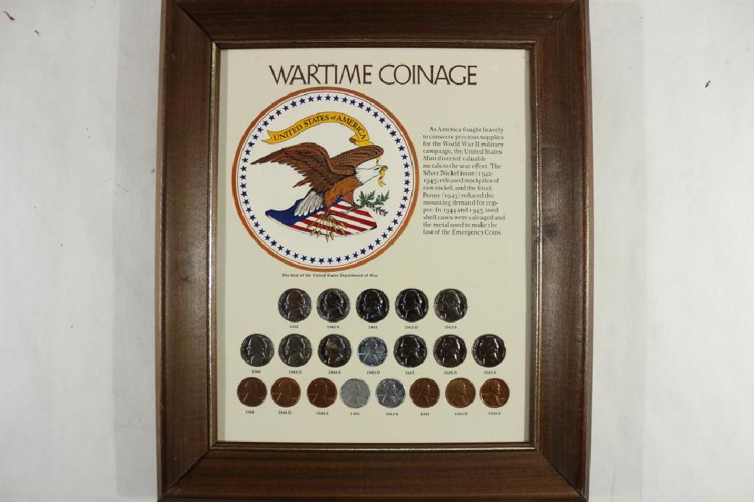 APPROX. 10 1/2" X 12 1/2" WOOD FRAME WARTIME: COINAGE SET CONTAINS: ALL 11 35% SILVER JEFFERSON WAR NICKELS AND 8 LINCOLN CENTS