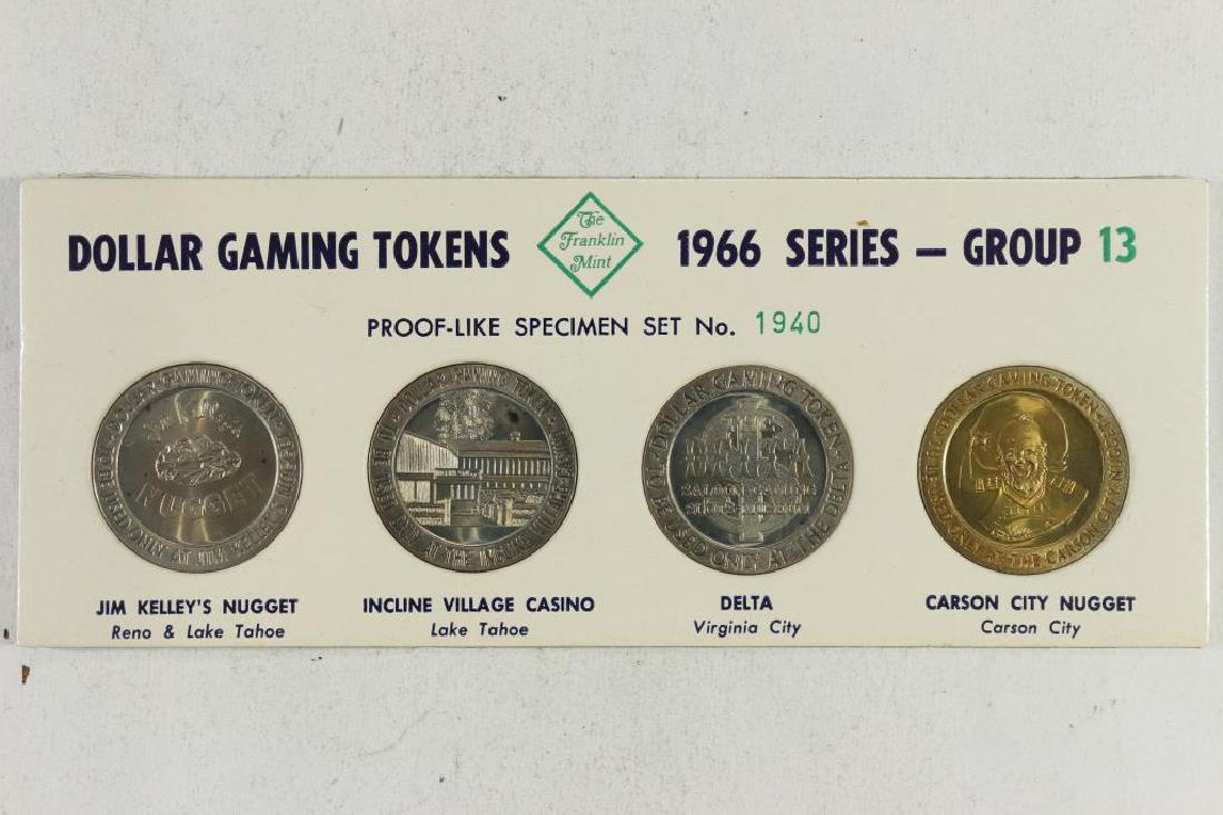 4-$1 GAMING TOKENS 1966 SERIES GROUP 13 (PF LIKE): SPECIMEN SET JIM KELLEY'S NUGGET (RENO AND LAKE TAHOE), INCLINE VILLAGE CASINO (LAKE TAHOE), DELTA ( VIRGINIA CITY) AND CARSON CITY NUGGET (CARSON CITY), ORIGINAL MINT PACKAGING BY THE FRANKLIN MINT