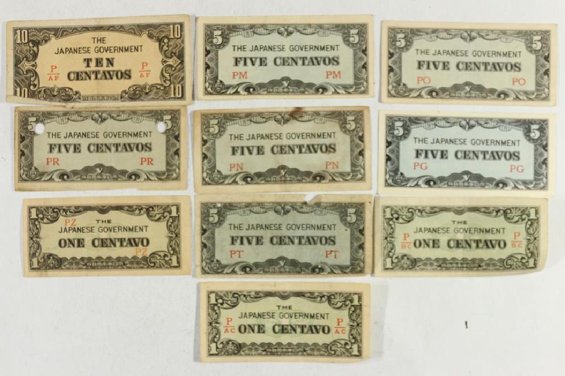 10 PIECES OF WWII JAPANESE GOVERNMENT INVASION: CURRENCY, 3-1 CENTAVOS, 6-5 CENTAVOS AND 1-10 CENTAVO