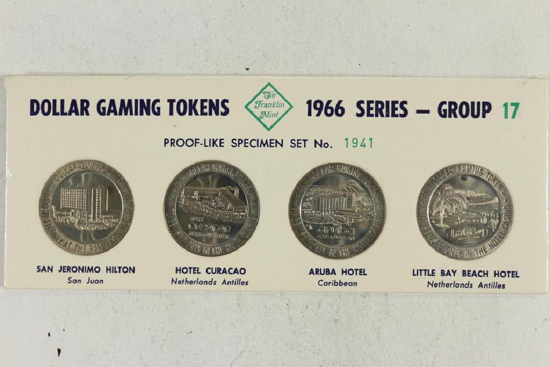 4-$1 GAMING TOKENS 1966 SERIES GROUP 17: (PF LIKE) SPECIMEN SET, SAN JERONIMO HILTON (SAN JUAN), HOTEL CURACAO (NETHERLANDS, ANTILLES), ARUBA HOTEL (CARIBBEAN) AND LITTLE BAY BEACH HOTEL (NETHERLANDS, ANTILLES), ORIGINAL MINT PACKAGING BY TH