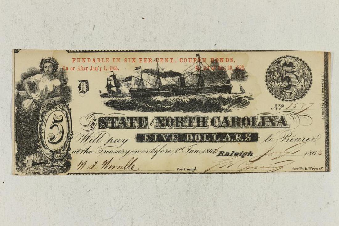 1863 STATE OF NORTH CAROLINA $5 OBSOLETE BANK NOTE (1 of 2)