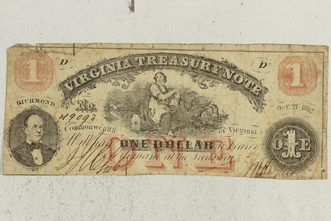 1862 $1 VIRGINIA TREASURY NOTE HAND SIGNED AND (1 of 2)