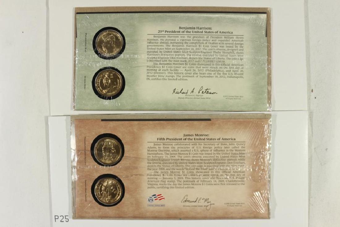 2008-P & D JAMES MONROE & 2012-P & D BENJAMIN: HARRISON PRESIDENTIAL DOLLARS, US MINT PNC'S