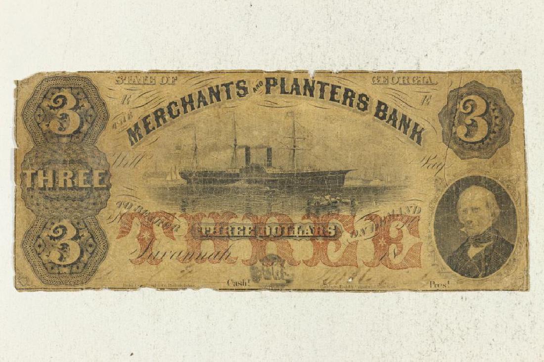 1800'S MERCHANTS AND PLANTERS BANK OF GEORGIA: $3 OBSOLETE BANK NOTE