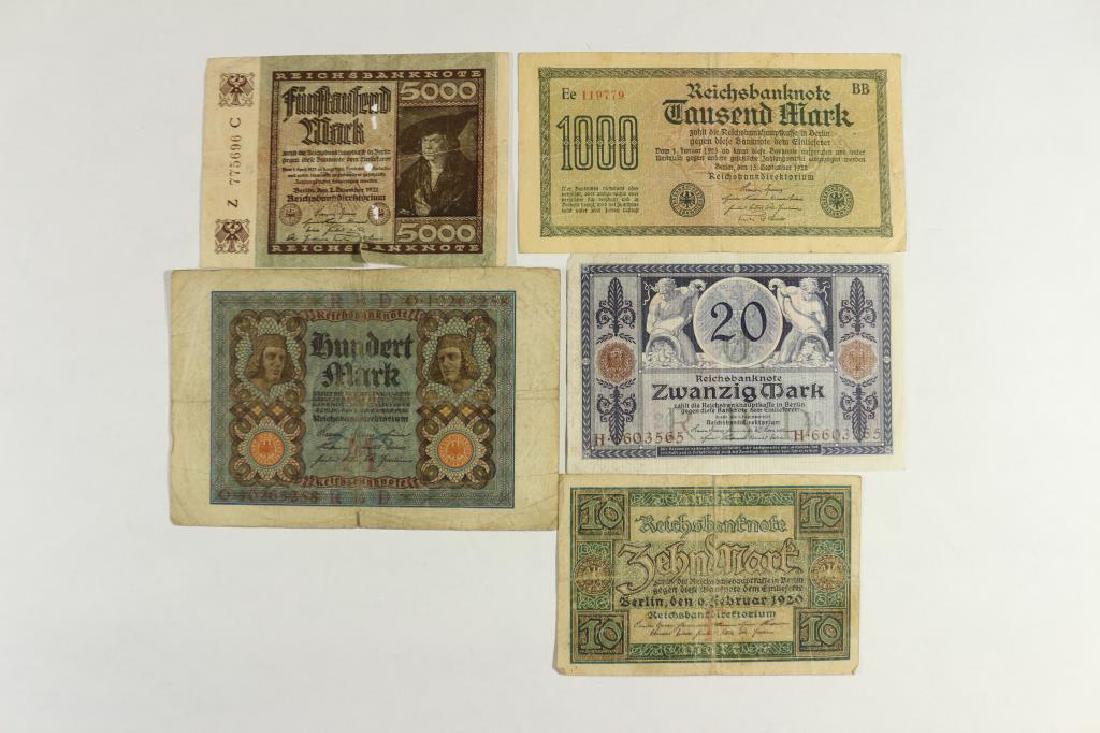 GERMAN 1920-10 MARK, 1915-20 MARK, 1920-100 MARK,: 1922-1000 MARK AND 1922-5000 MARK