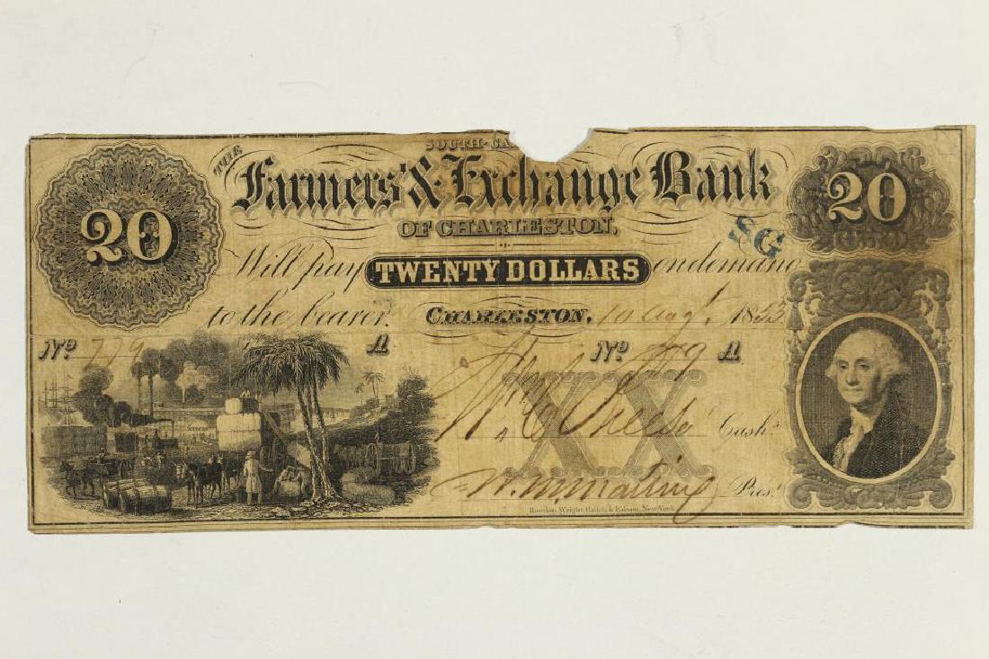 1853 FARMERS AND EXCHANGE BANK OF CHARLESTON: SOUTH CAROLINA, $20 OBSOLETE BANK NOTE, HAND SIGNED AND NUMBERED