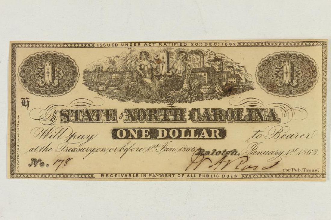 1863 STATE OF NORTH CAROLINA $1 OBSOLETE BANK NOTE (1 of 2)