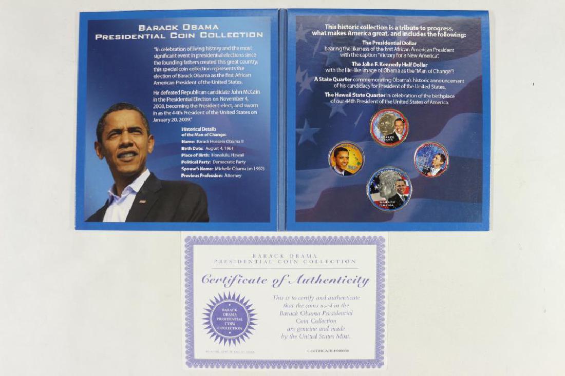 BARACK OBAMA PRESIDENTIAL COIN COLLECTION: COLORIZED, DOLLAR, HALF DOLLAR AND 2-QUARTERS