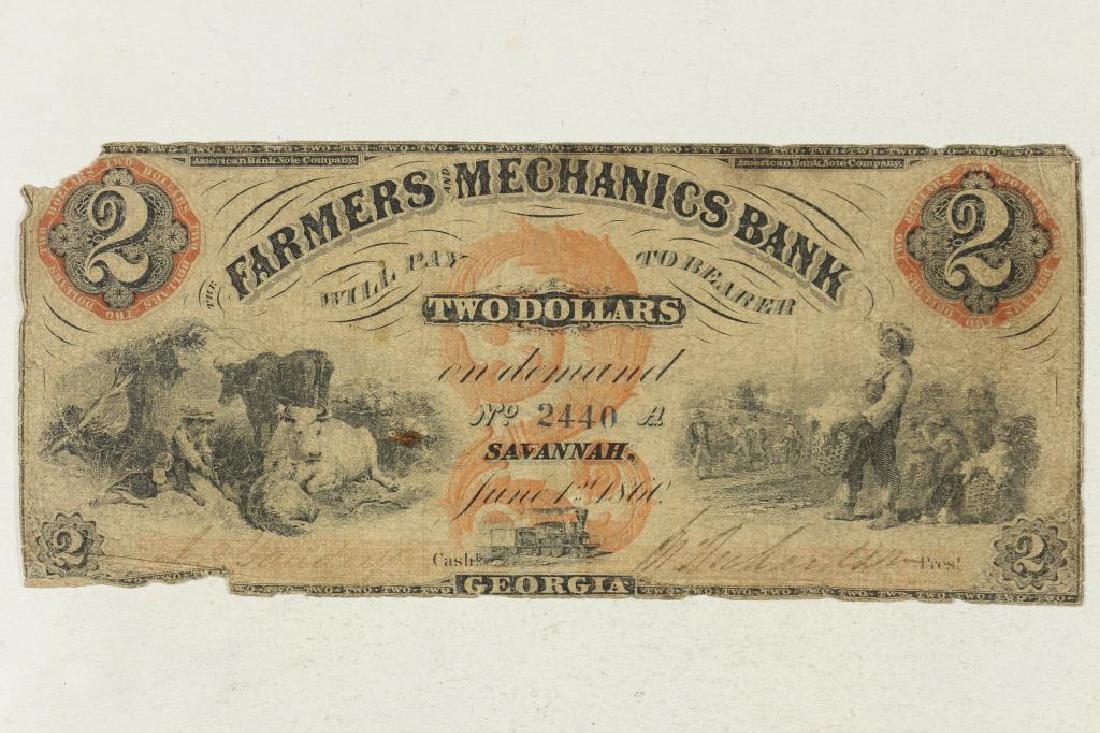 1860 FARMERS AND MECHANICS BANK, SAVANAH: GEORGIA $2 OBSOLETE BANK NOTE, HAND SIGNED