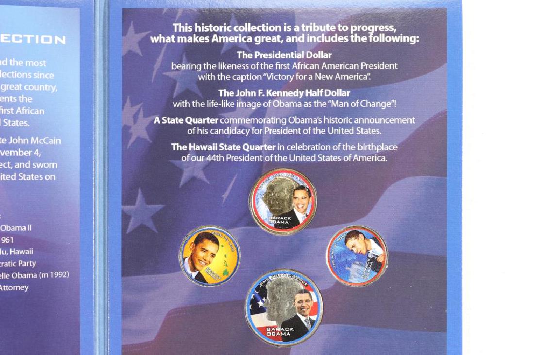 BARACK OBAMA PRESIDENTIAL COIN COLLECTION: COLORIZED, SACAGAWEA DOLLAR, KENNEDY HALF DOLLAR, HAWAII STATE QUARTER AND ANOTHER STATE QUARTER