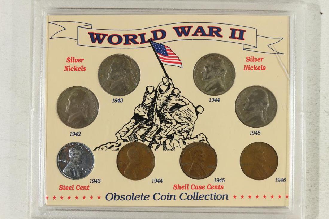 WWII OBSOLETE COIN COLLECTION CONTAINS:: FOUR 35% SILVER JEFFERSON WAR NICKELS, 1943 STEEL CENT AND 3 SHELL CASE CENTS