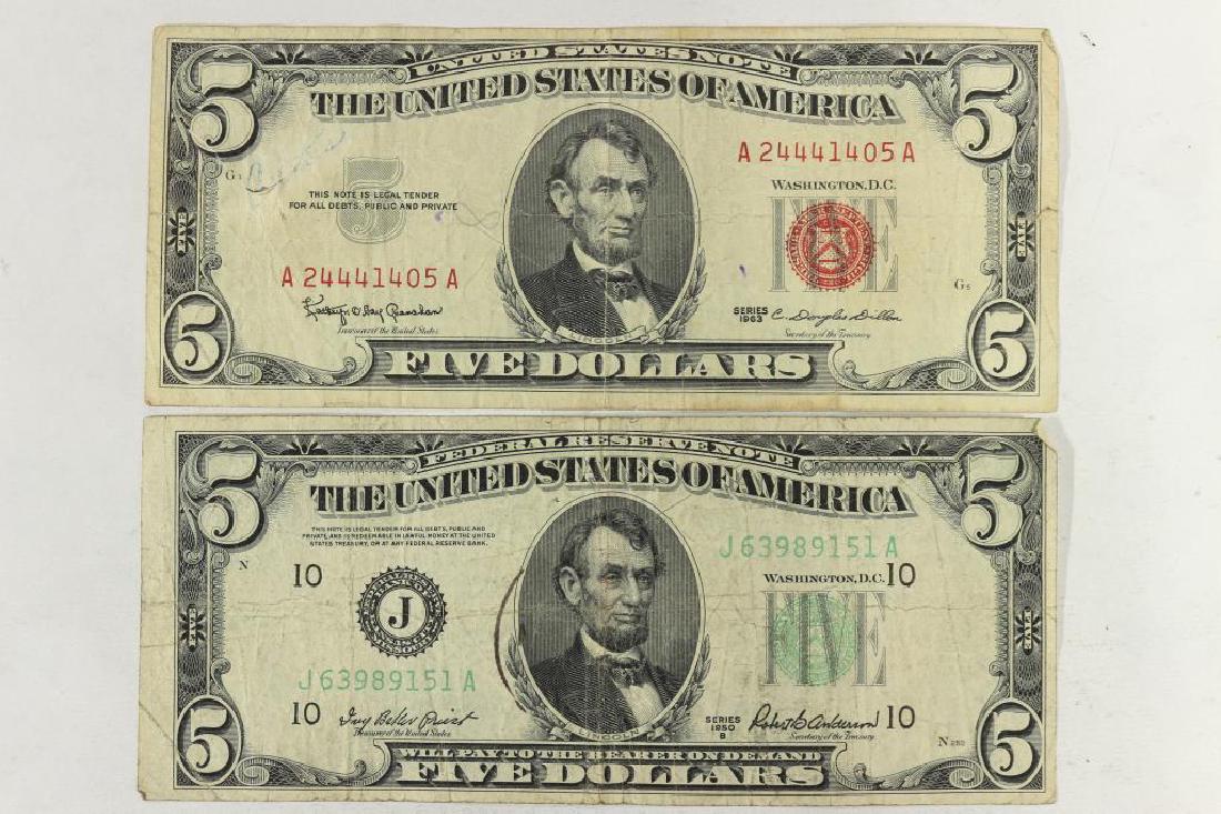 1950-B $5 FRN & 1963 $5 US NOTE GREEN AND RED SEAL (1 of 2)