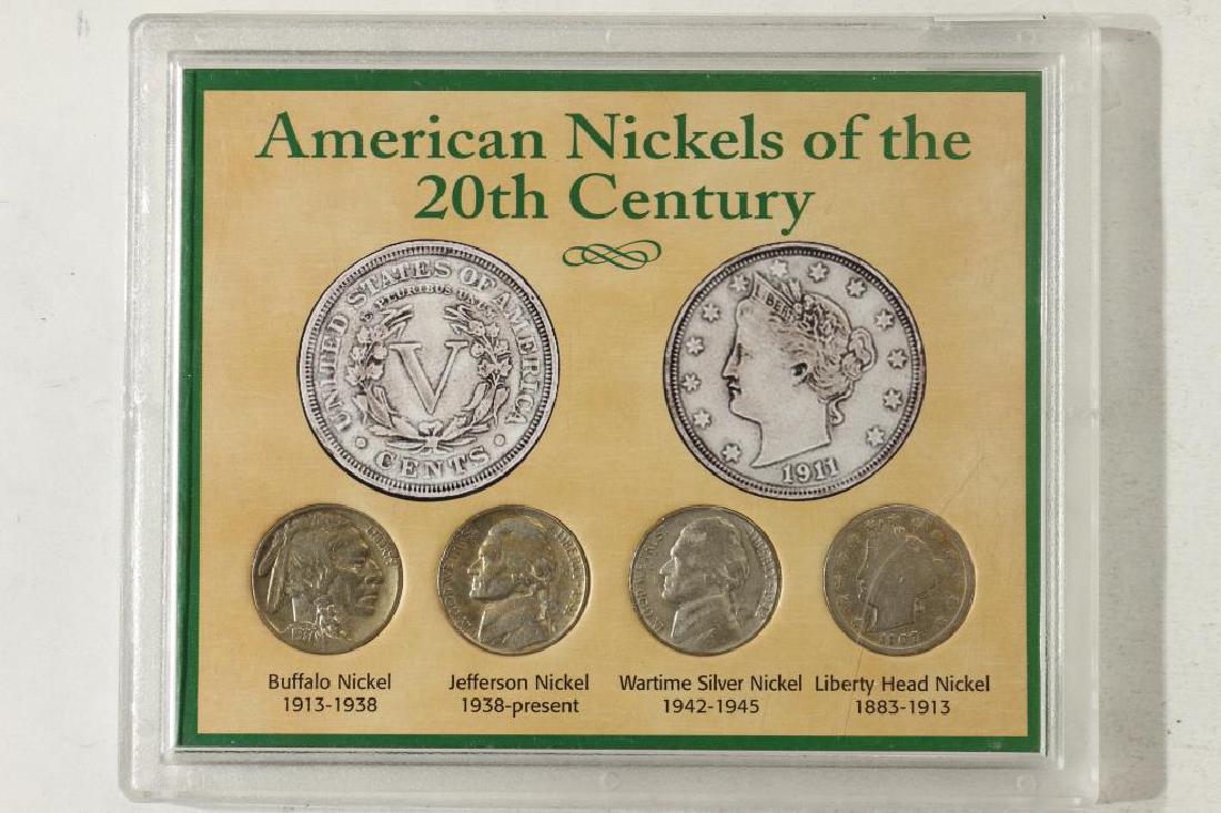 AMERICAN NICKELS OF THE 20TH CENTURY SET: CONTAINS: LIBERTY "V" NICKEL, BUFFALO NICKEL, 35% SILVER JEFFERSON WAR NICKEL AND JEFFERSON NICKEL