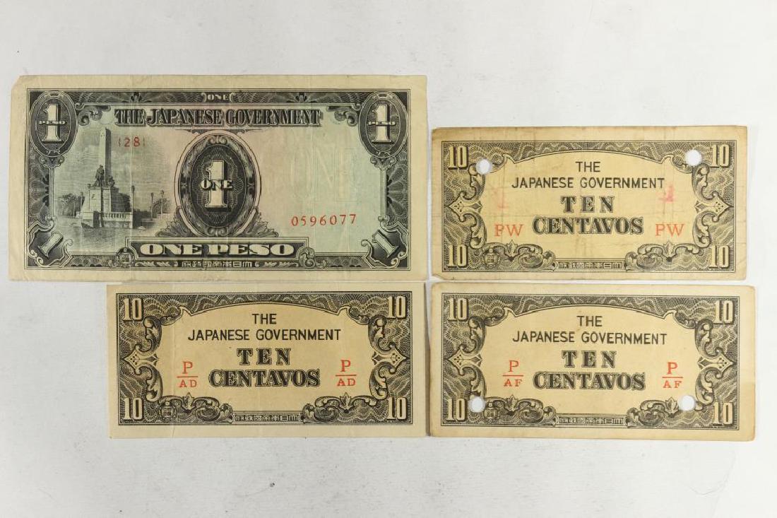 4 PIECES OF WWII JAPANESE INVASION CURRENCY: 3-10 CENTAVOS AND A 1 PESO