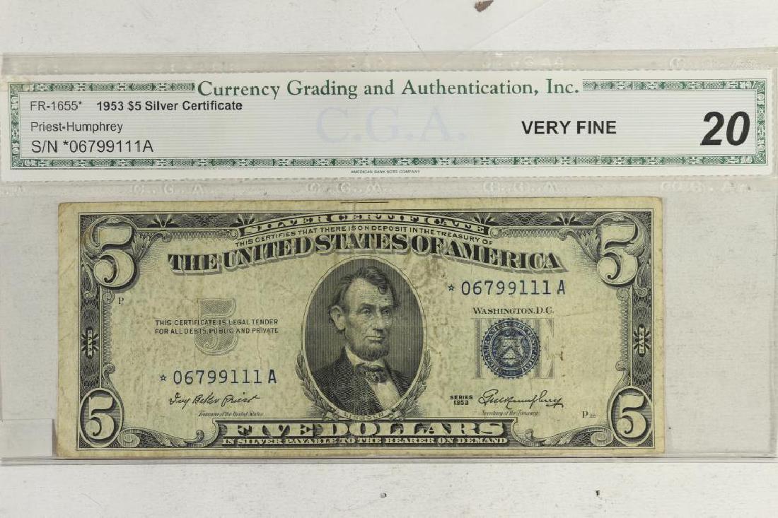 1953 $5 SILVER CERTIFICATE C.G.A. VERY FINE 20 (1 of 2)