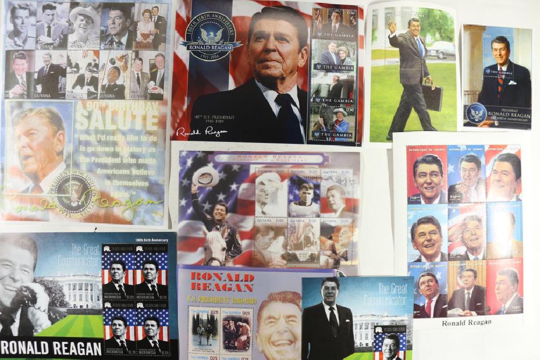 RONALD REAGAN STAMP COLLECTION, 9 SHEETS: OF MINT UNUSED POSTAGE FROM GAMBIA, GUINEA, MICRONESIA AND GUYANA
