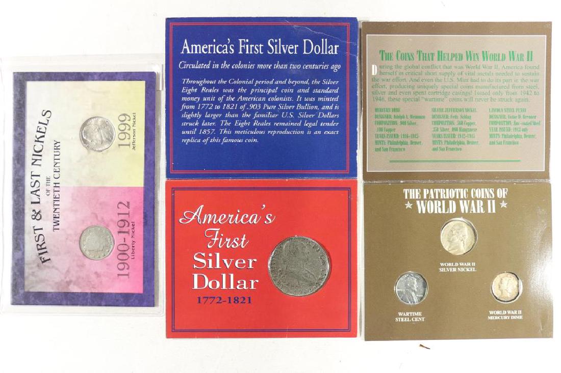 3 COIN SETS 1ST AND LAST NICKELS OF THE 20TH: CENTURY WITH LIBERTY "V" NICKEL AND JEFFERSON NICKEL, PATRIOTIC COINS OF WWII WITH MERCURY DIME, 35% SILVER JEFFERSON WAR NICKEL AND STEEL CENT, AMERICAS 1ST SILVER DOLLAR WITH REPRODUCTION 8 REALES